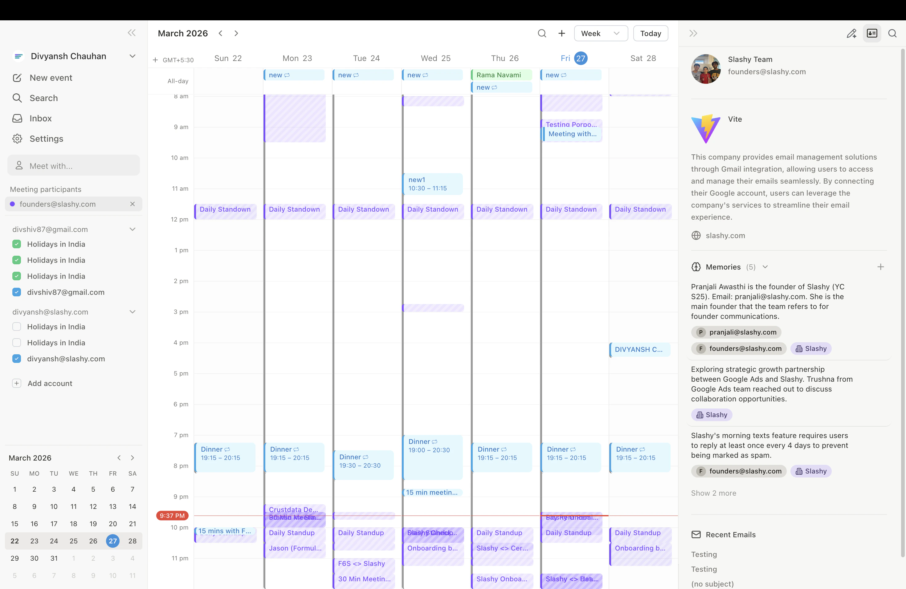 Slashy calendar in Week view with color-coded events