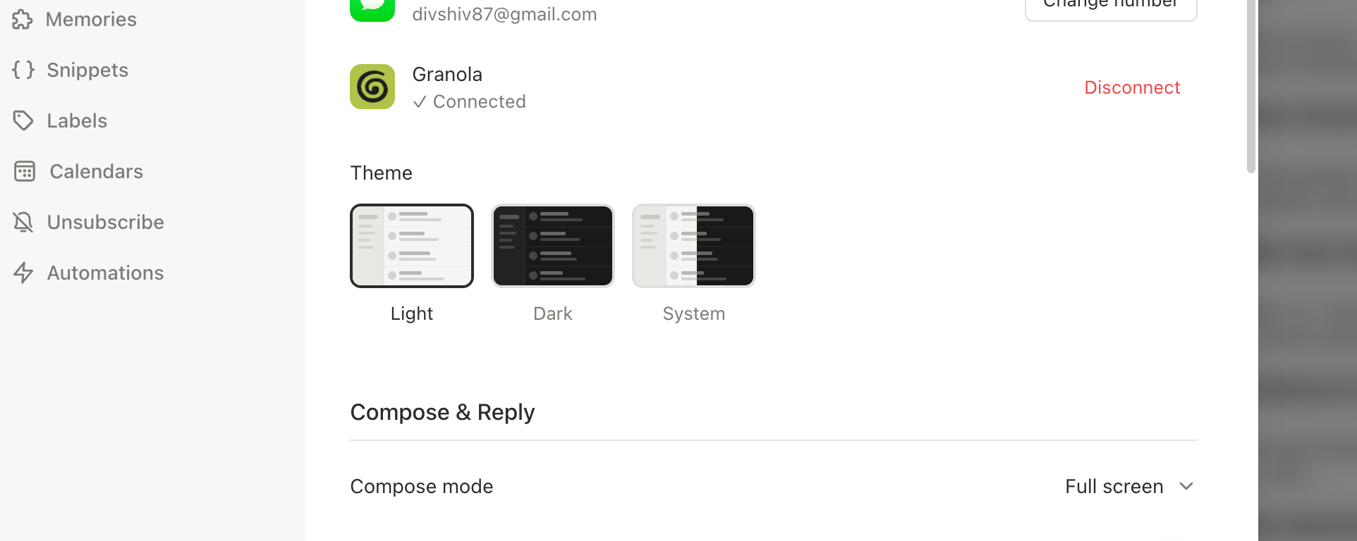 Theme selector showing Light, Dark, and System options with preview thumbnails