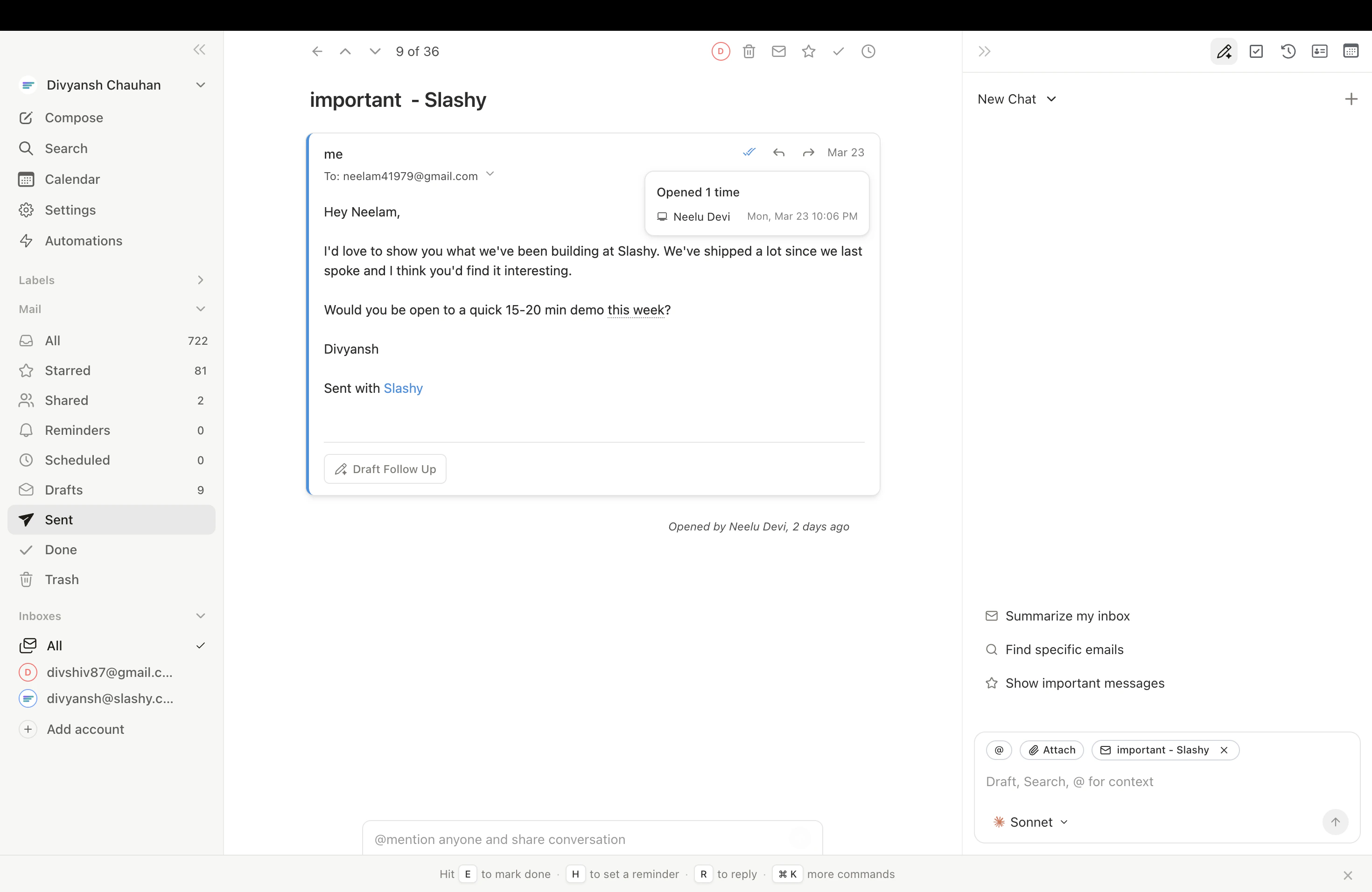 Email tracking panel showing open timestamps, device info, and recipient details