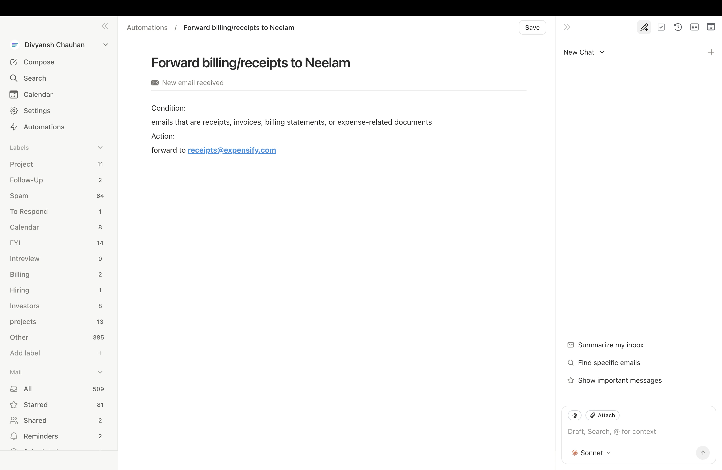 Email trigger showing condition and action in Settings