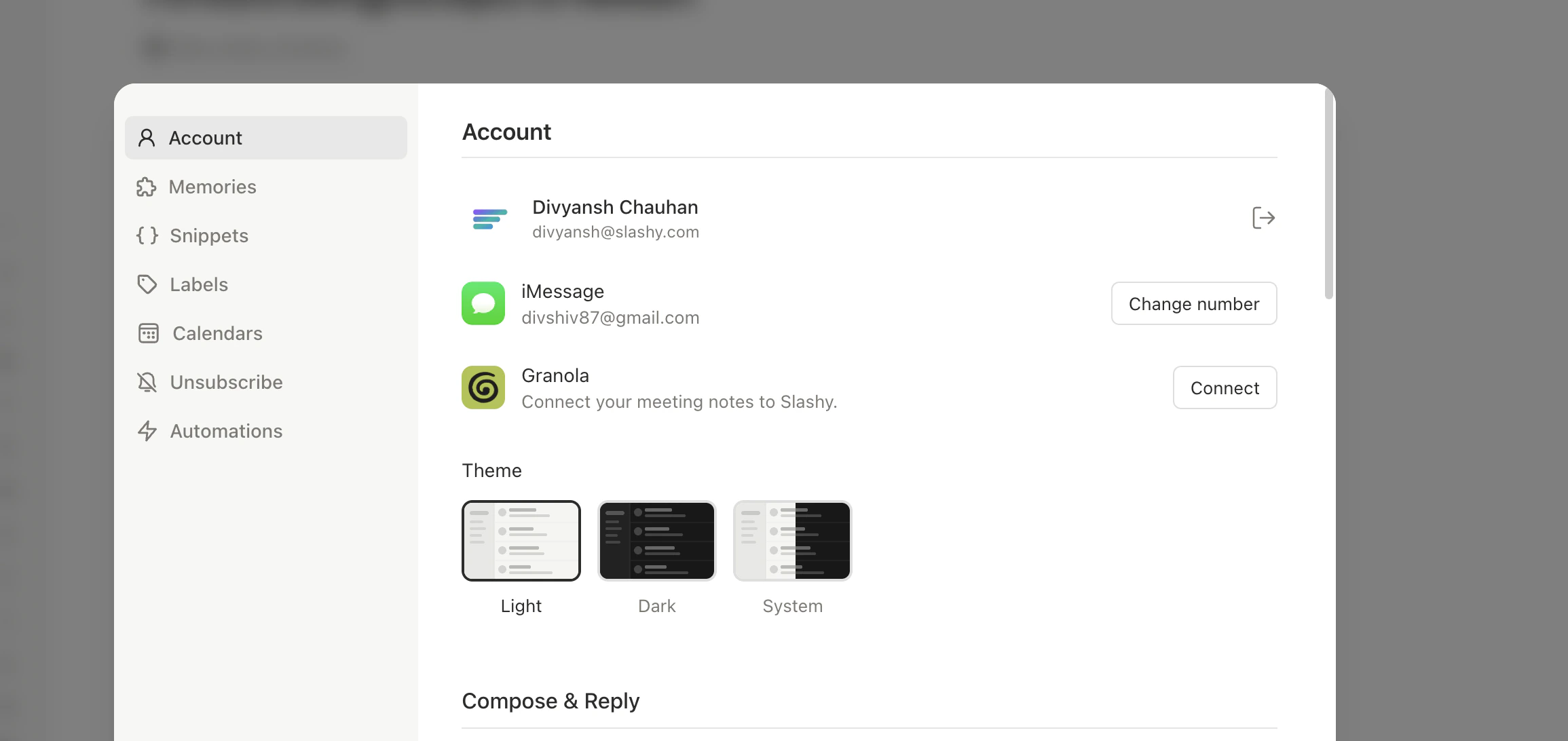 Granola section in Settings with Connect button