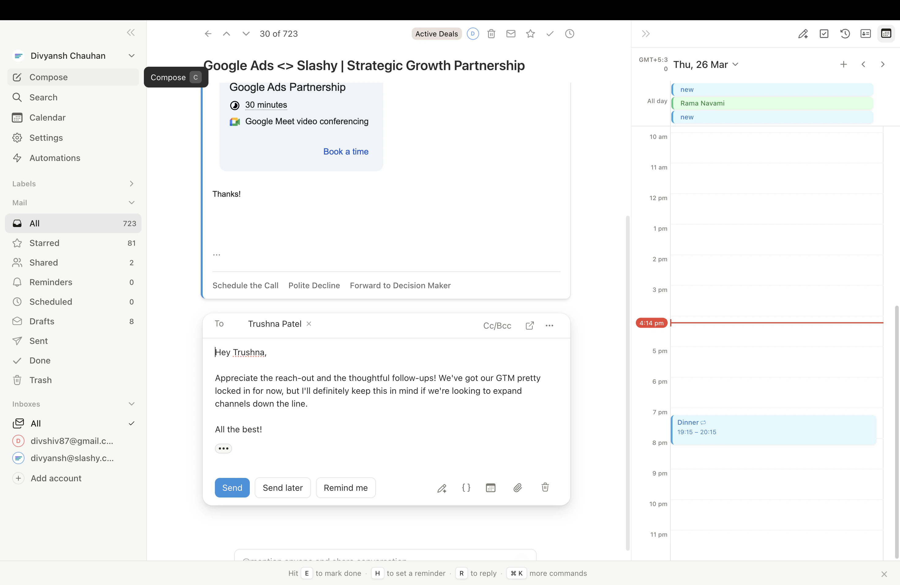 AI draft suggestion appearing below an incoming email with Accept and Dismiss buttons