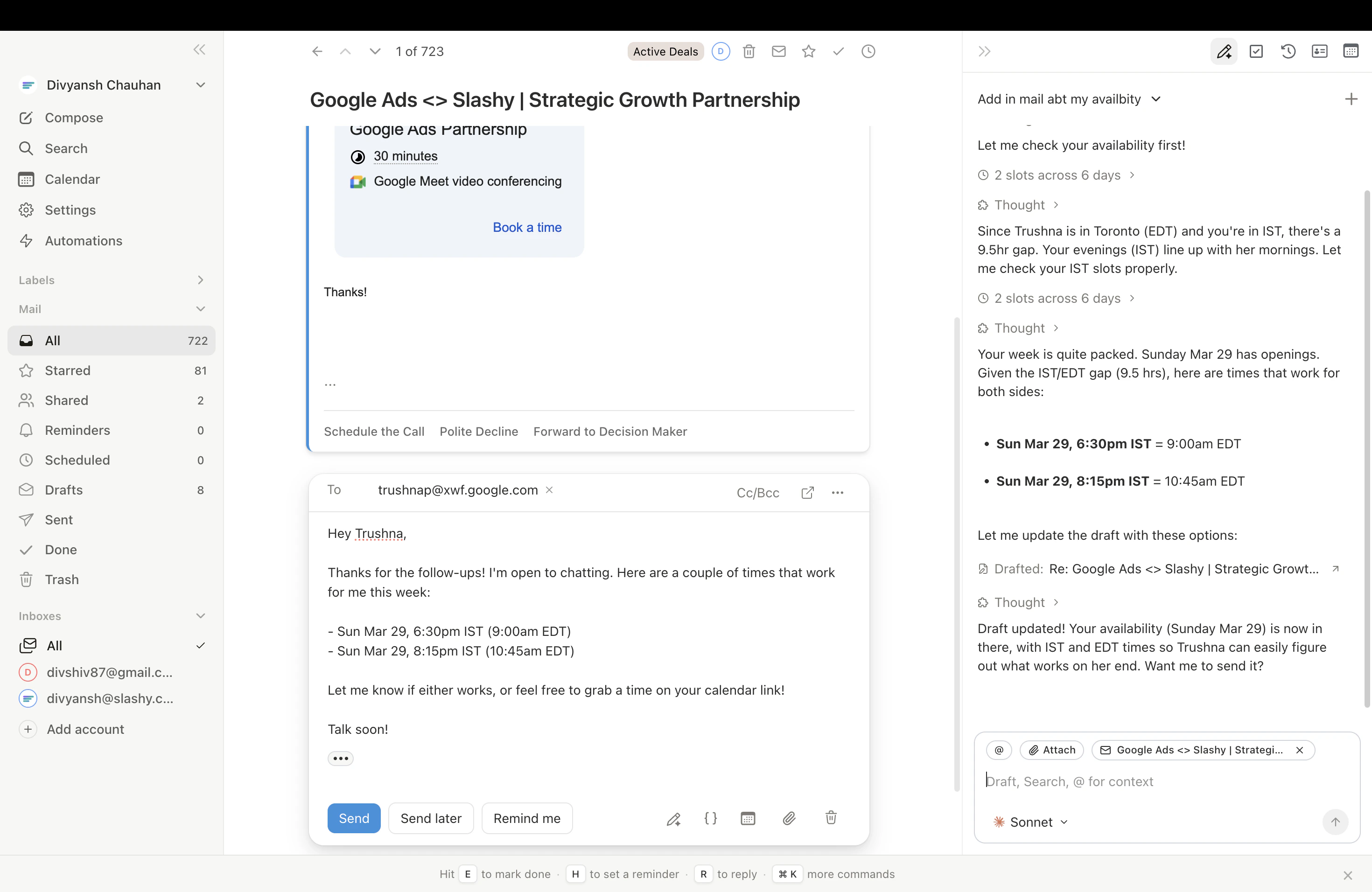 AI draft with calendar validation showing only conflict-free time slots