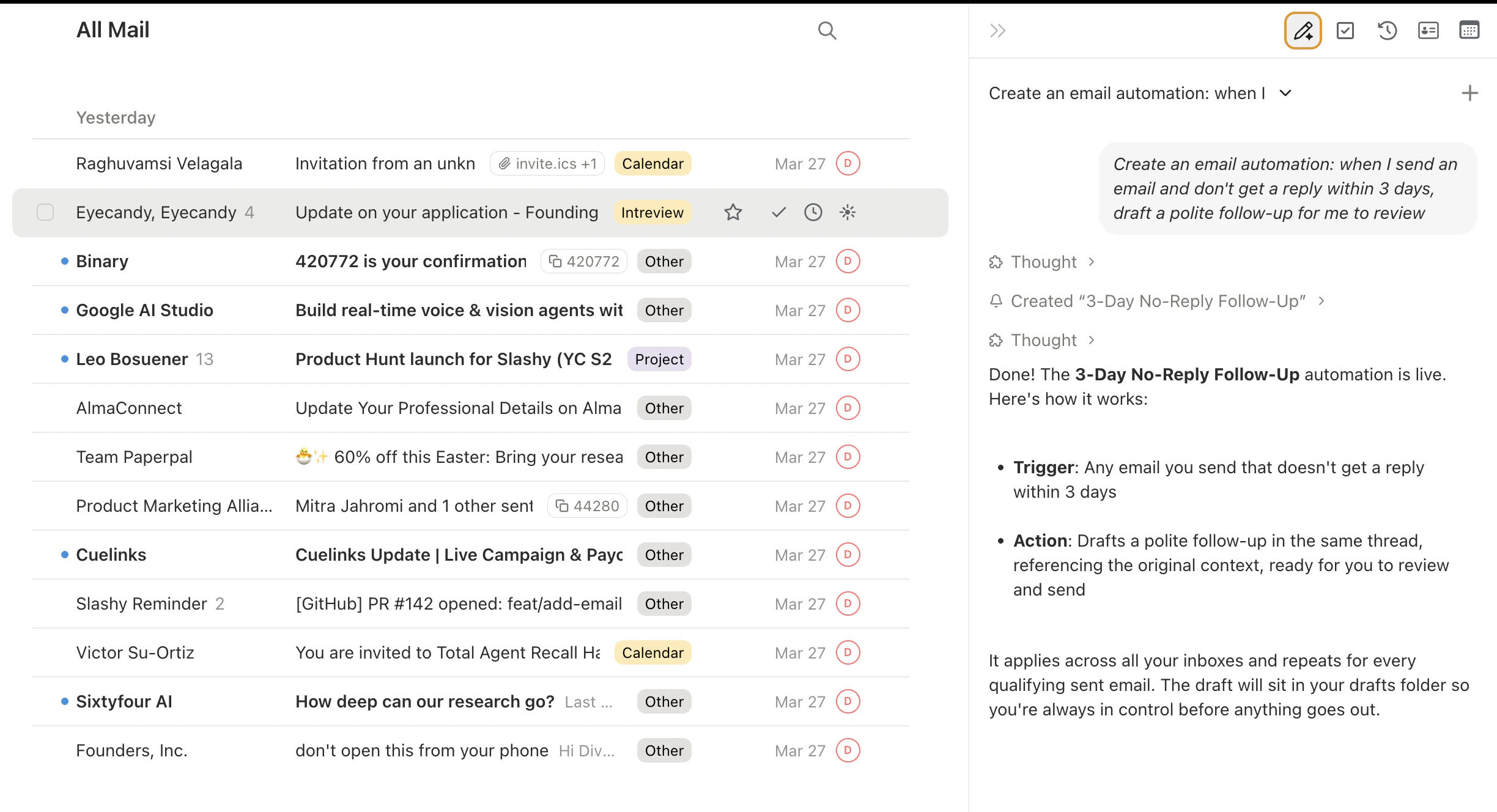 Agent sidebar showing follow-up automation