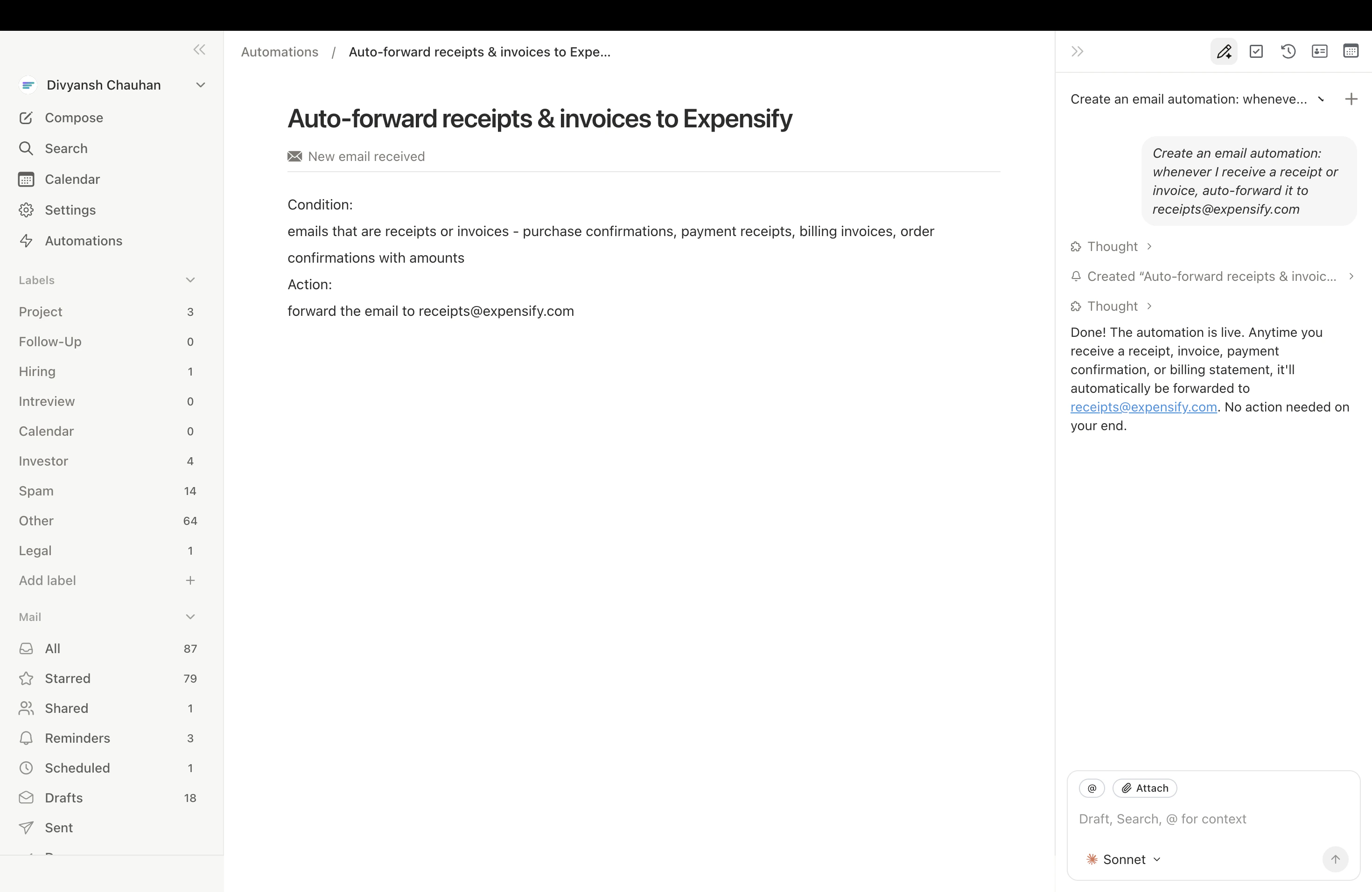 Settings Automations panel showing active receipt forwarding trigger