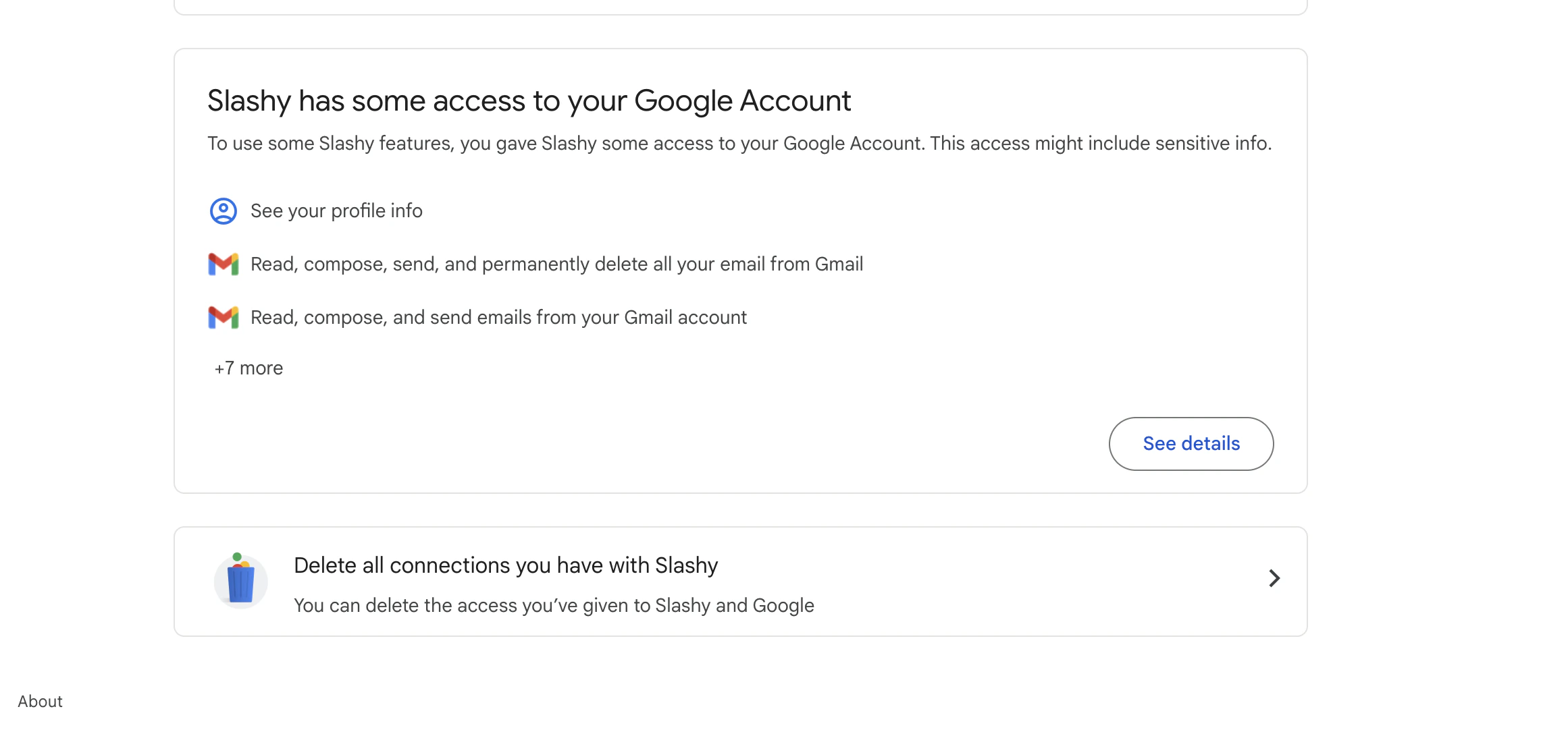 Google account permissions page showing Slashy access