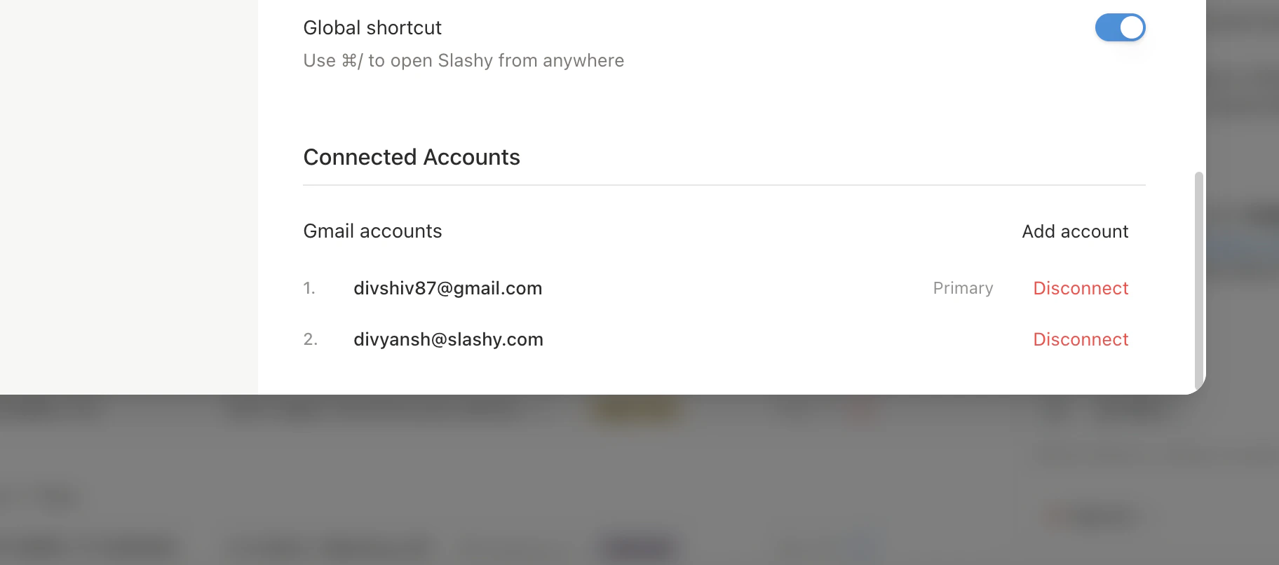 Settings showing connected accounts