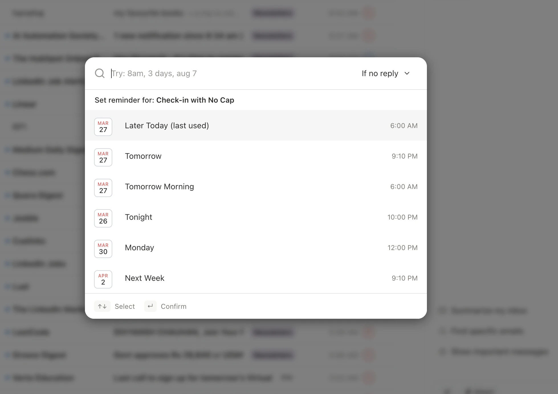 Active reminders view showing threads with pending follow-up reminders sorted by fire time