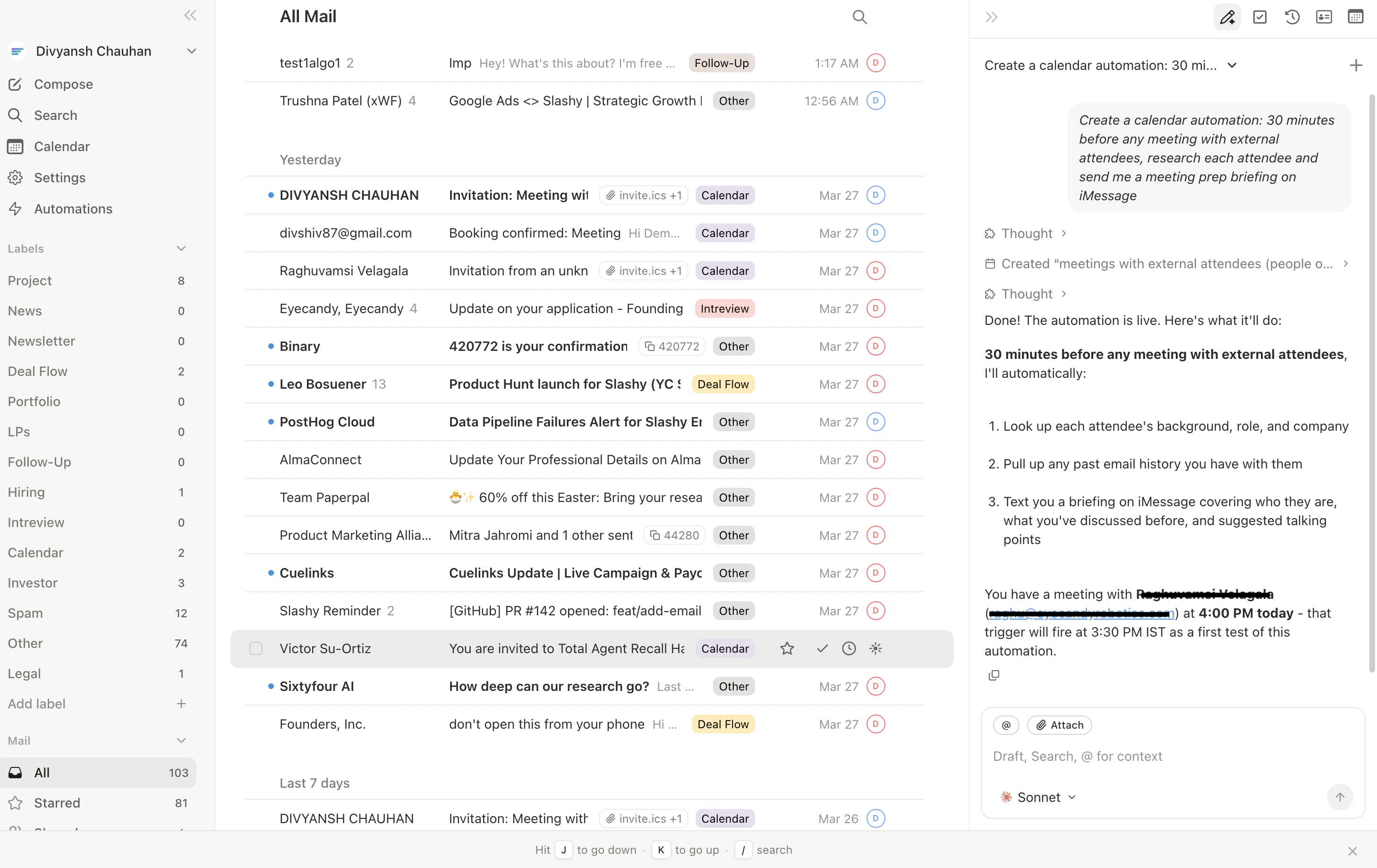 Agent sidebar showing meeting prep calendar automation