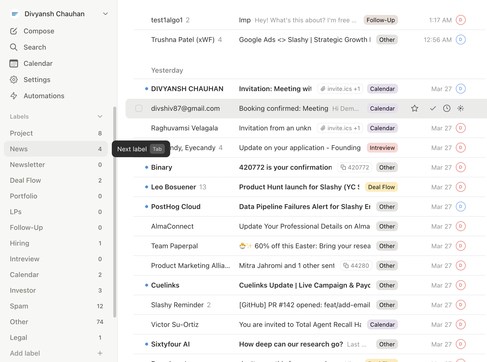 Inbox with importance label tabs showing unread counts