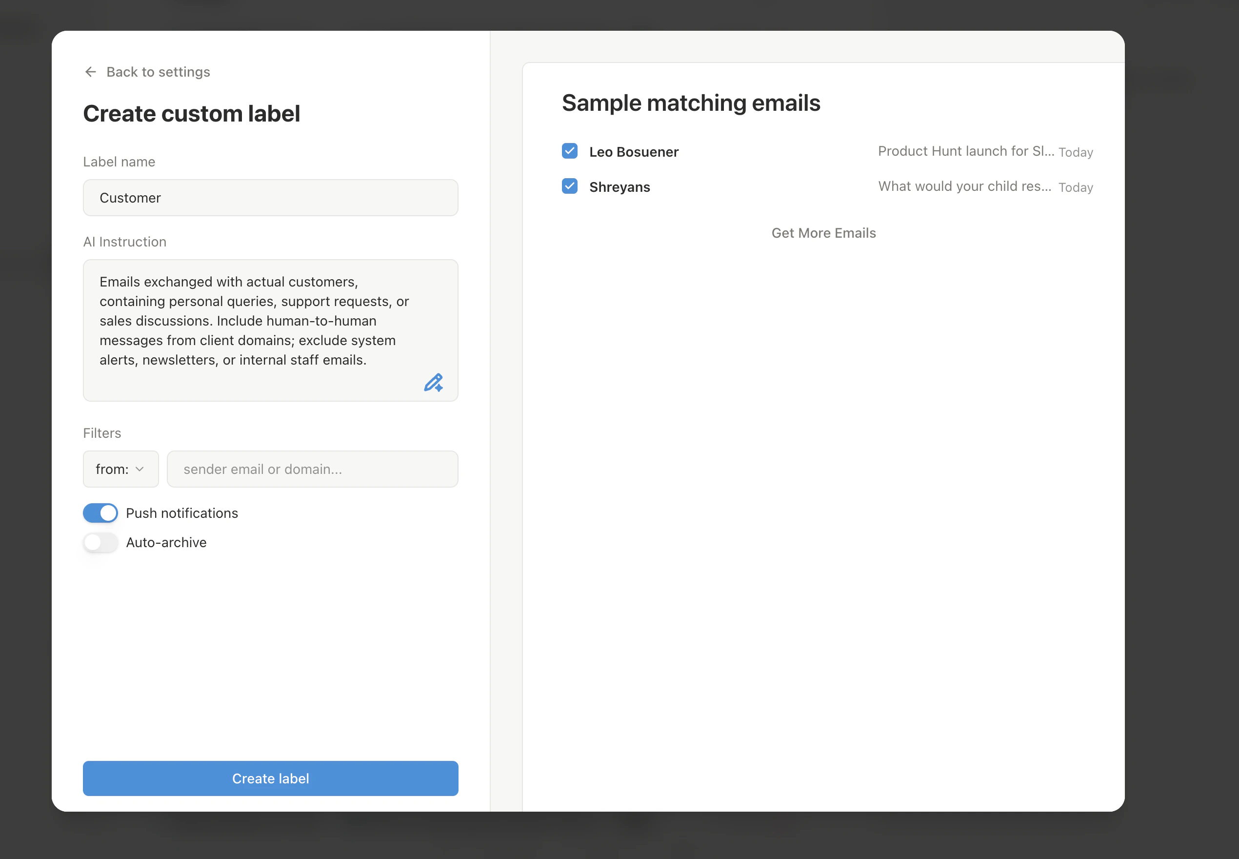 Label creation modal with name, description, and filter