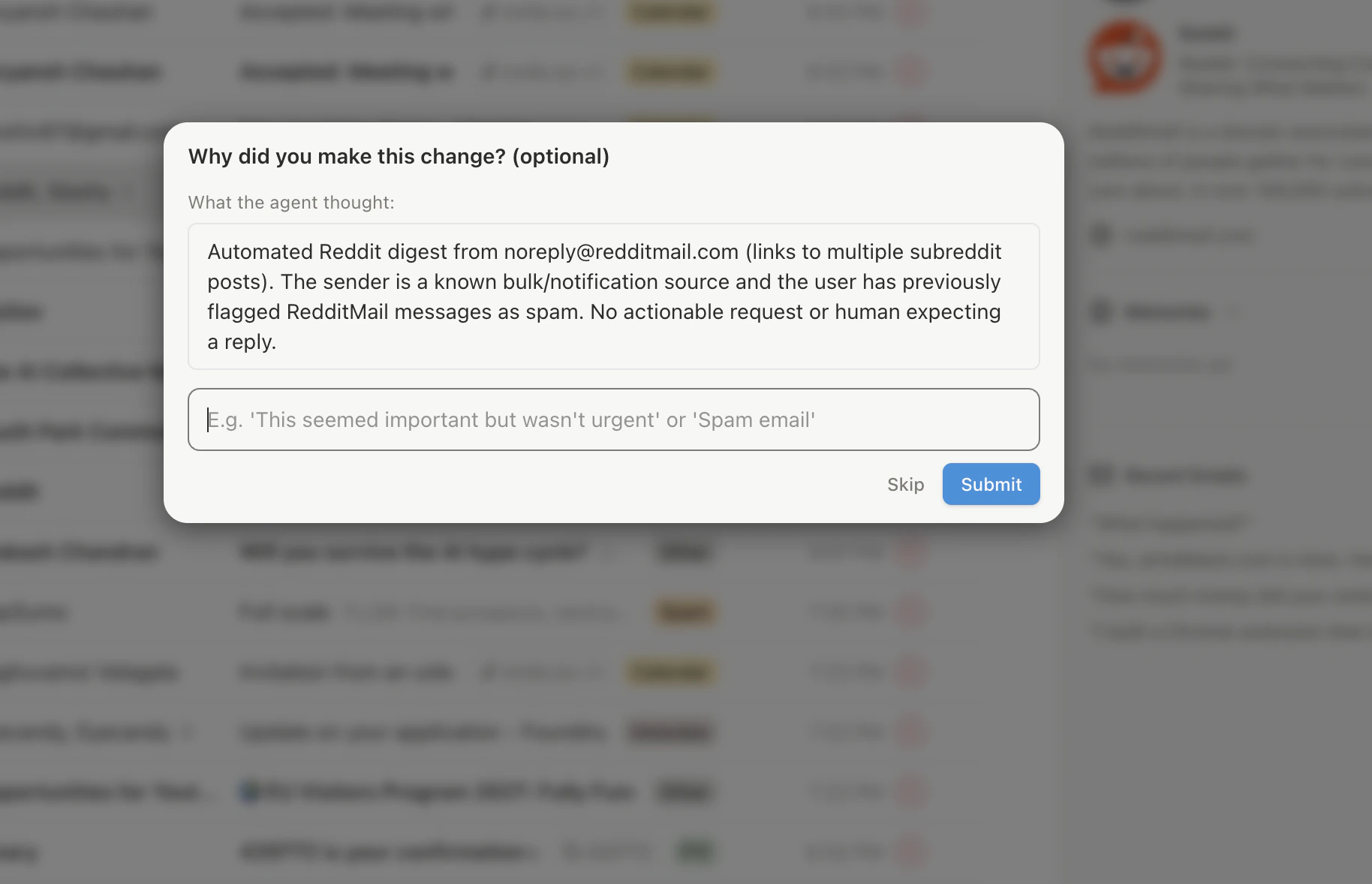Label feedback dialog with AI reasoning and correction field