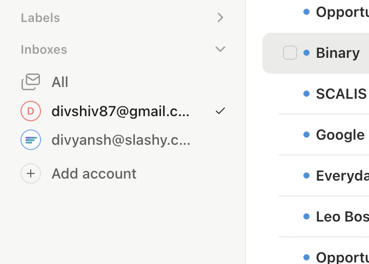 Account switcher showing two connected Gmail accounts
