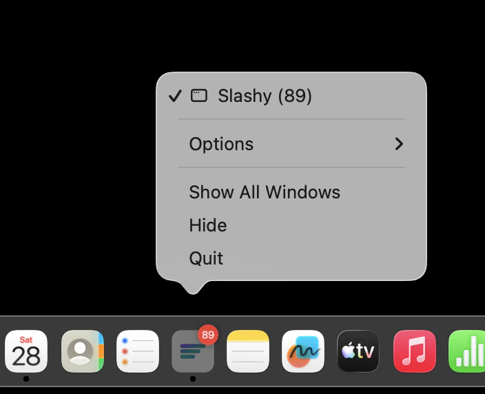 Slashy desktop app running with dock badge showing unread count