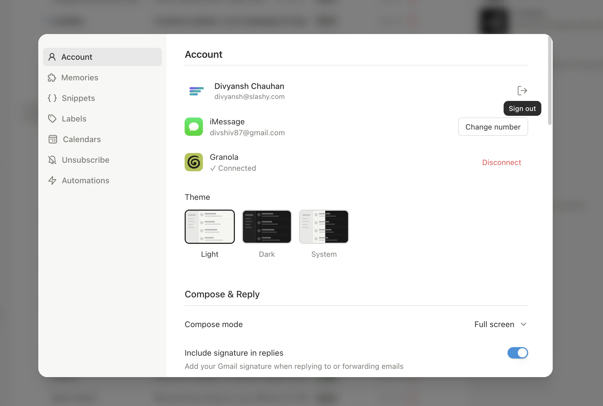 System tray menu and Settings sign out option