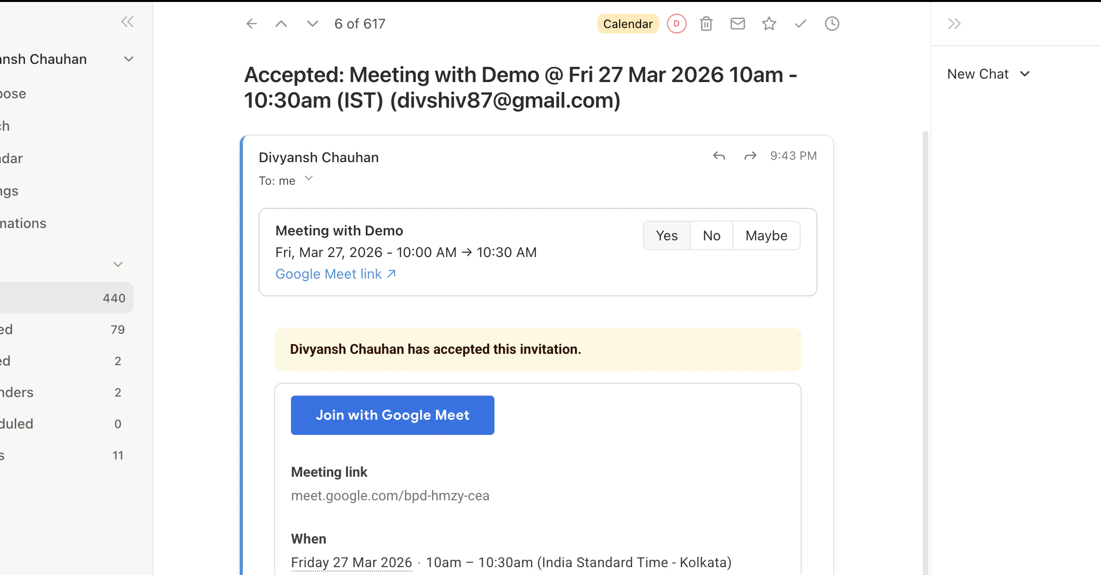 Email thread with RSVP buttons for a calendar invite