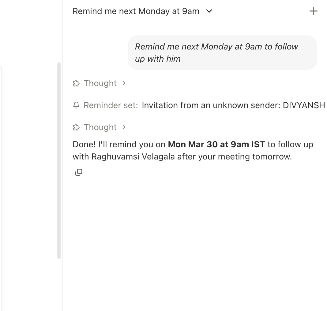 Agent creating a one-time reminder with confirmed time and task