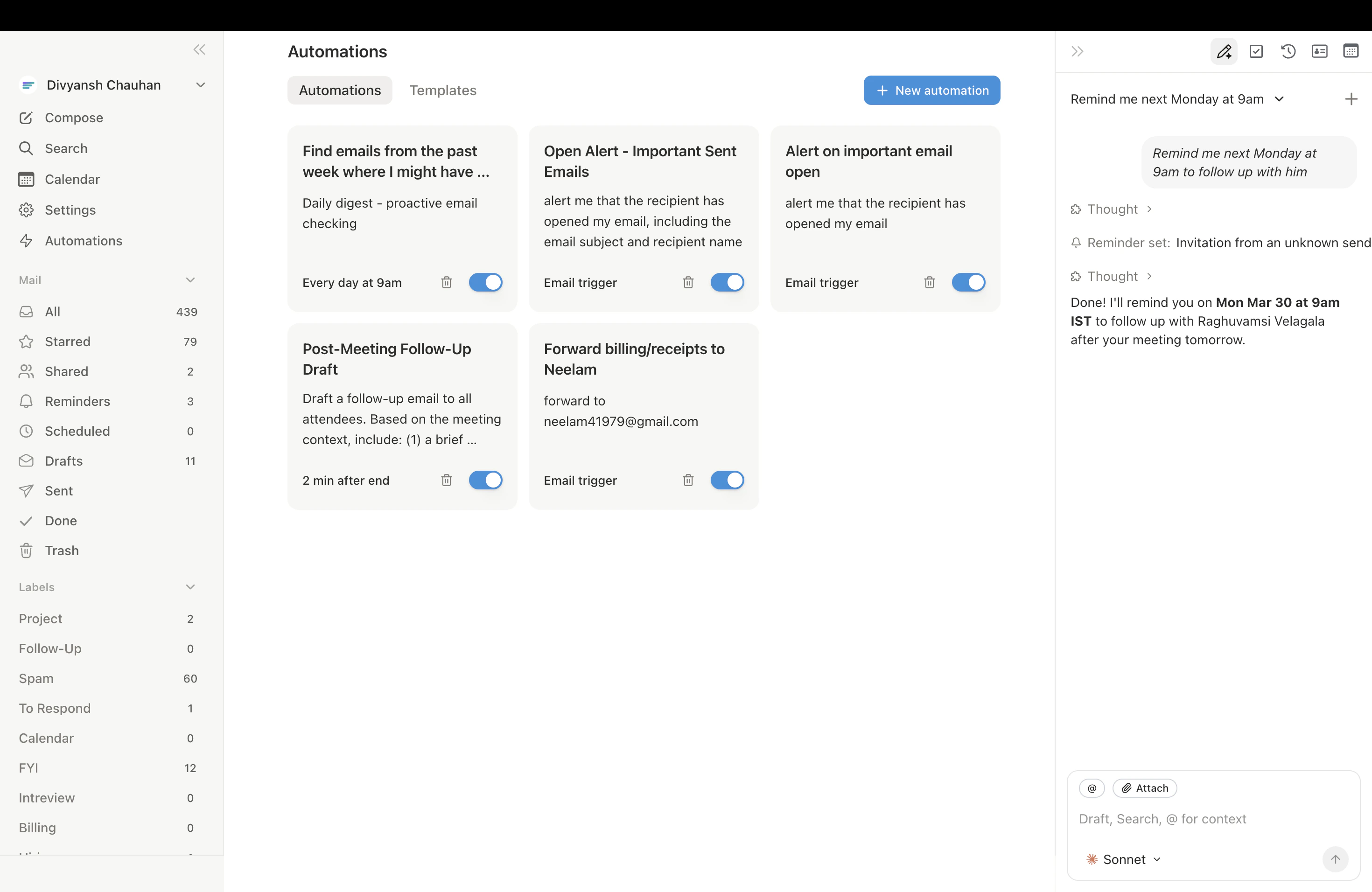 Settings Automations showing scheduled reminders with toggles