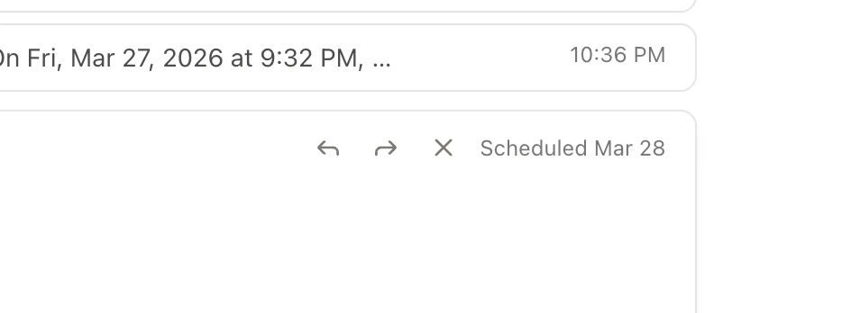 Scheduled view with pending emails and action buttons