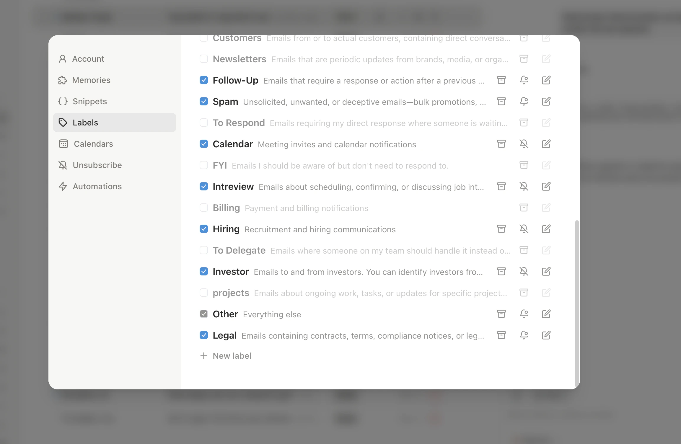 Label settings page showing training examples with matched and unmatched entries