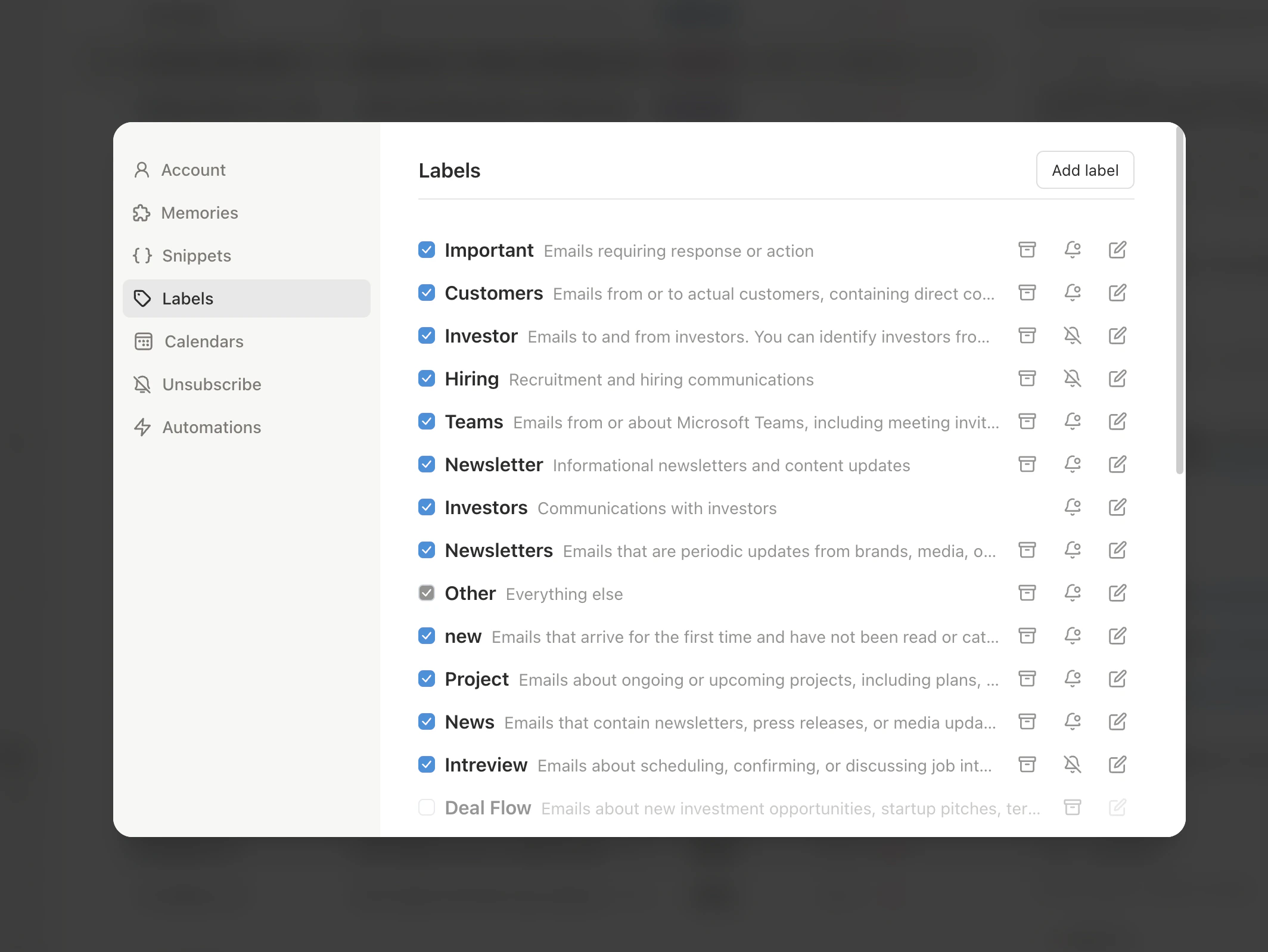 Slashy inbox view configured for a founder with VIP labels and importance sorting
