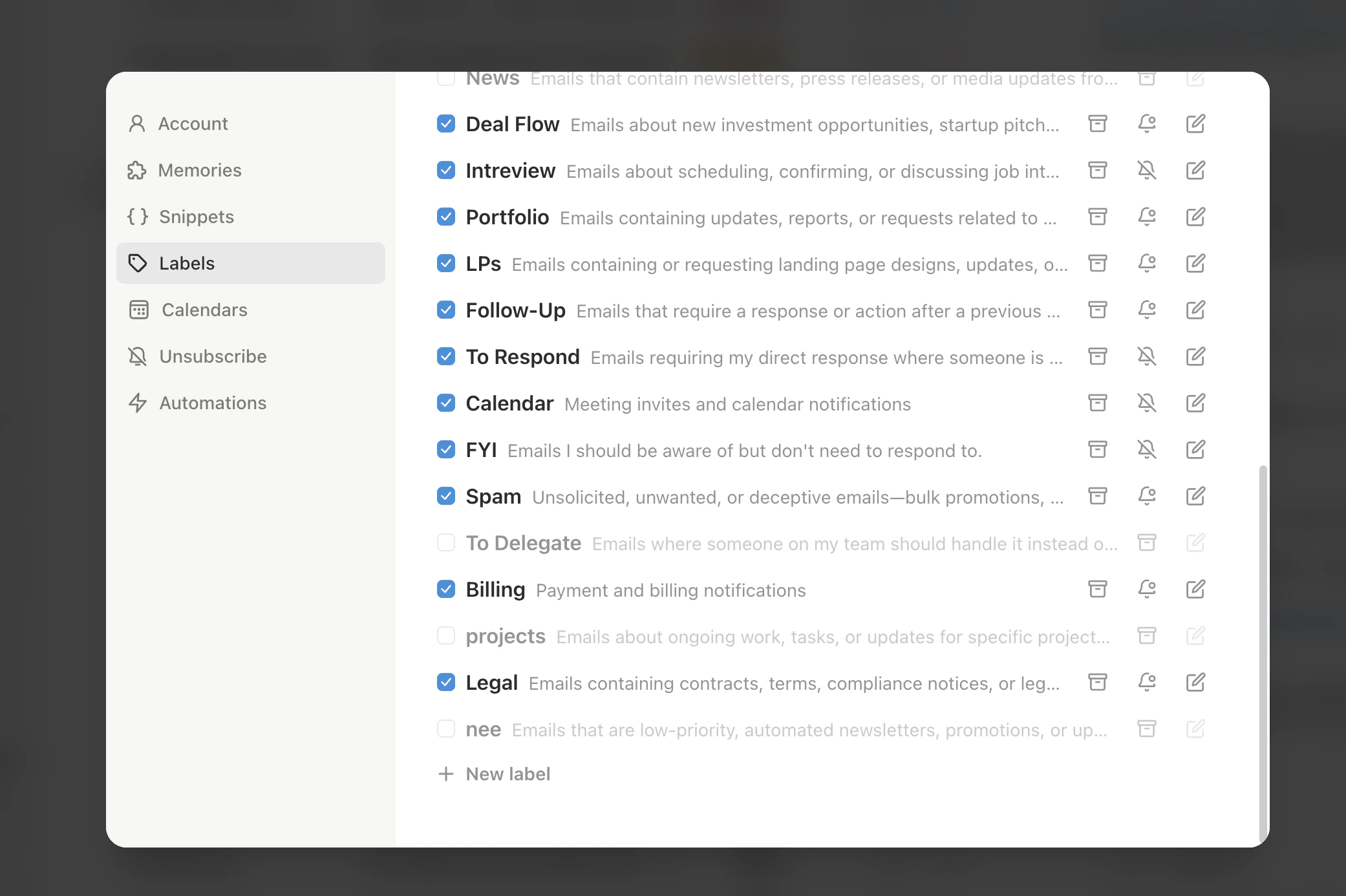 Slashy inbox configured for a VC with deal flow labels and investor email tracking