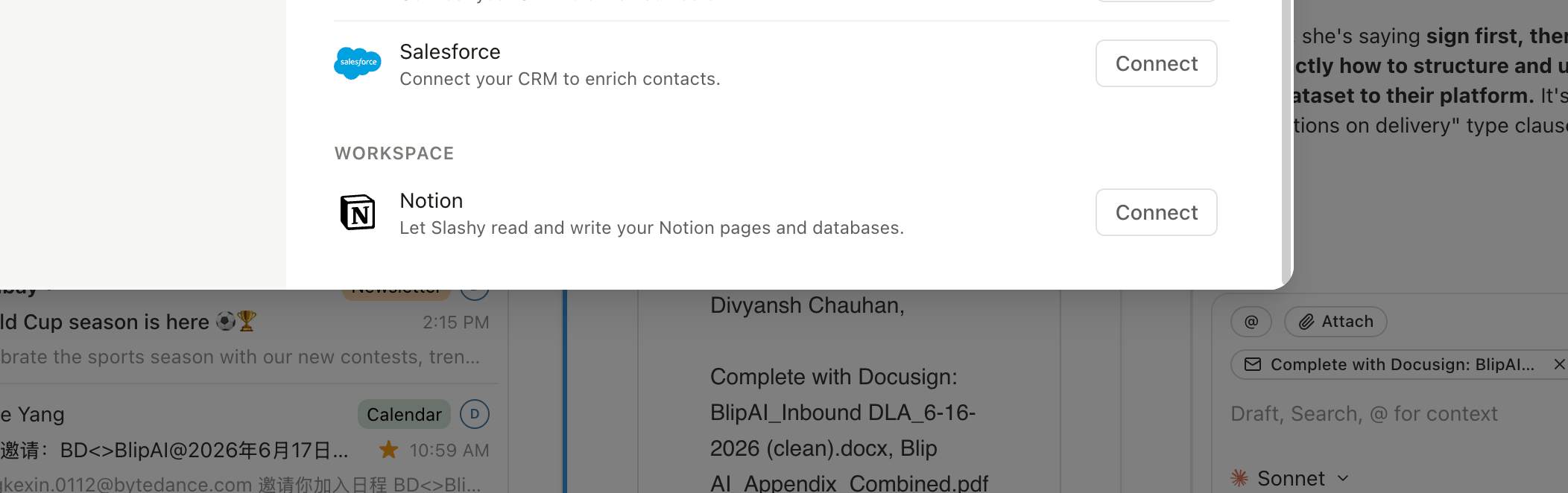 Slashy Integrations panel showing Notion under Workspace with a Connect button