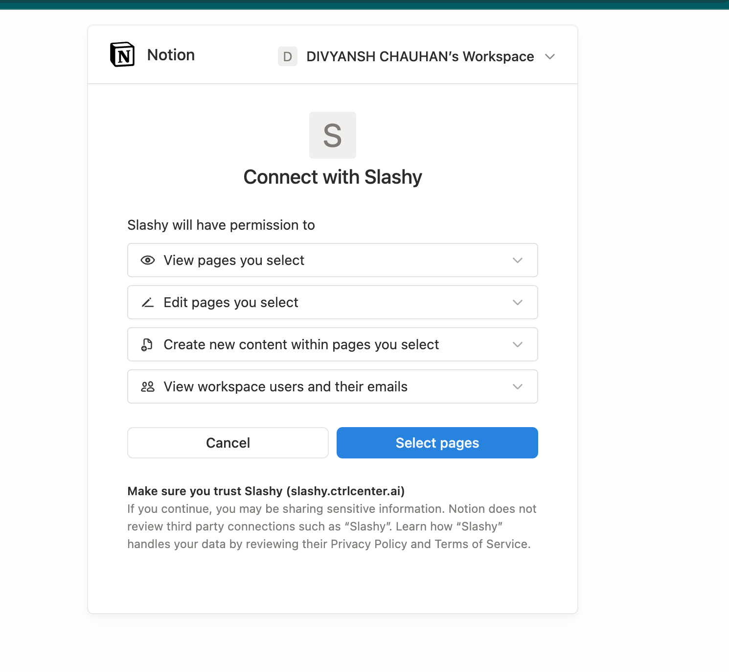 Notion Connect with Slashy screen listing the requested permissions