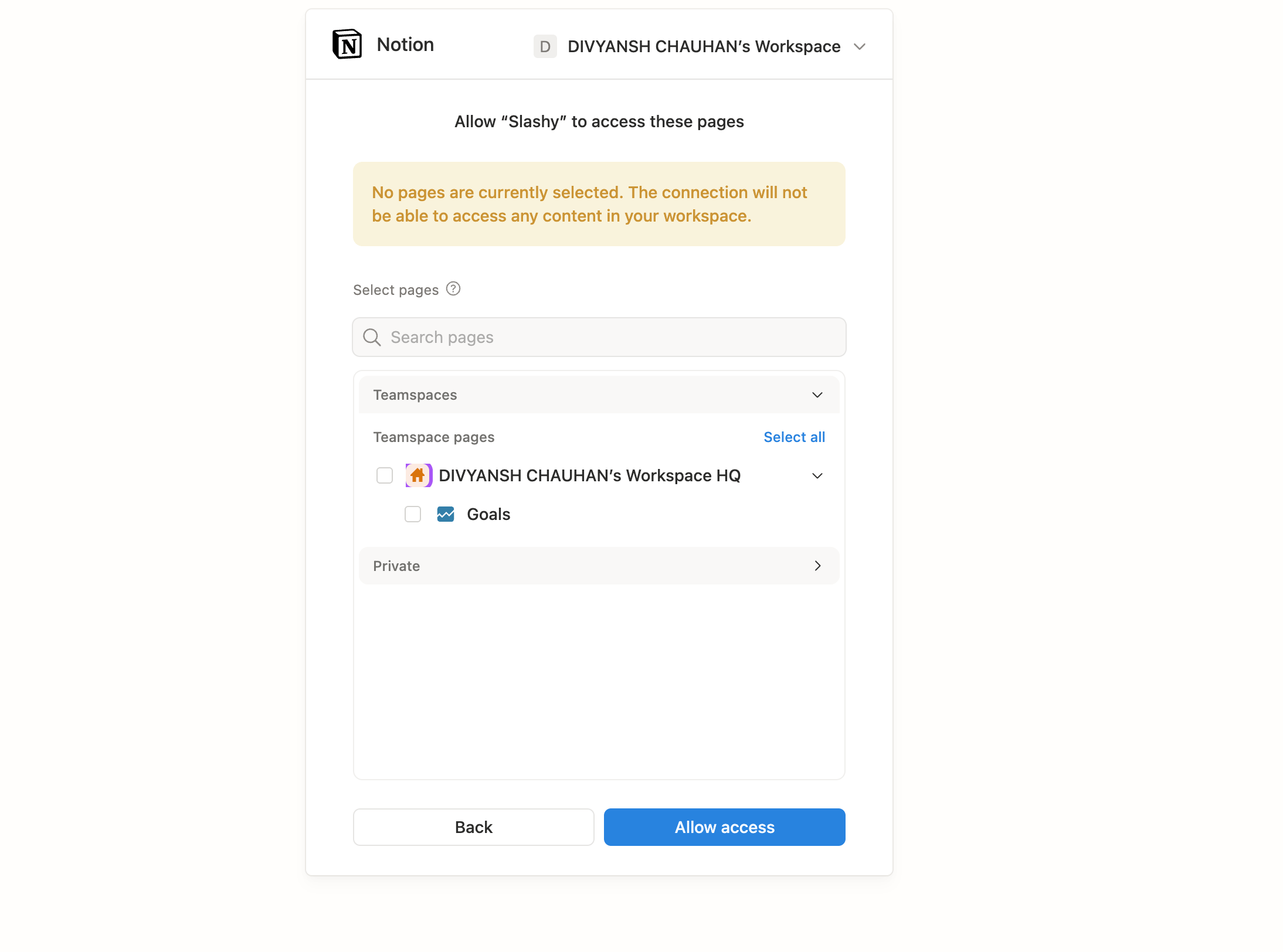 Notion page picker for granting Slashy access to specific pages