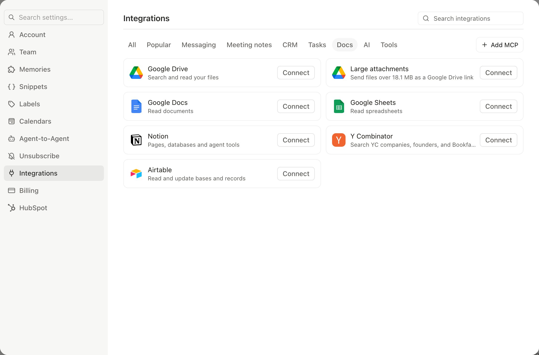 Settings, Integrations filtered to Docs, showing the Google Drive, Google Docs, and Google Sheets cards