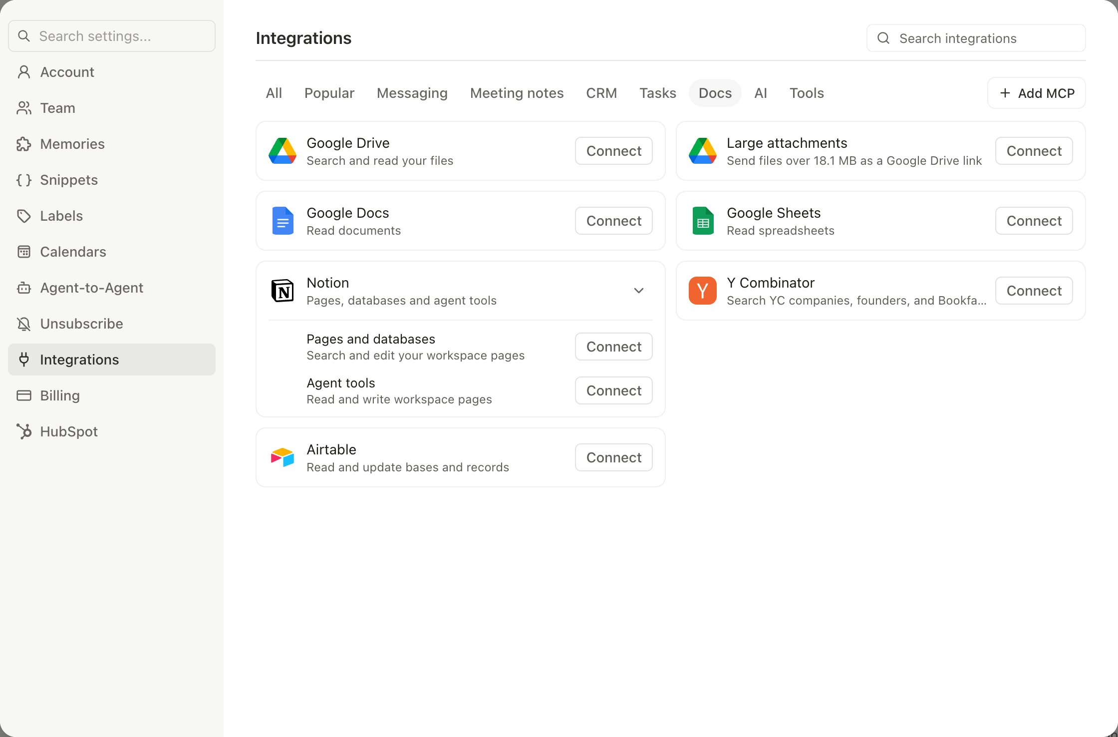 The Notion card open in Settings Integrations, with Connect next to Pages and databases