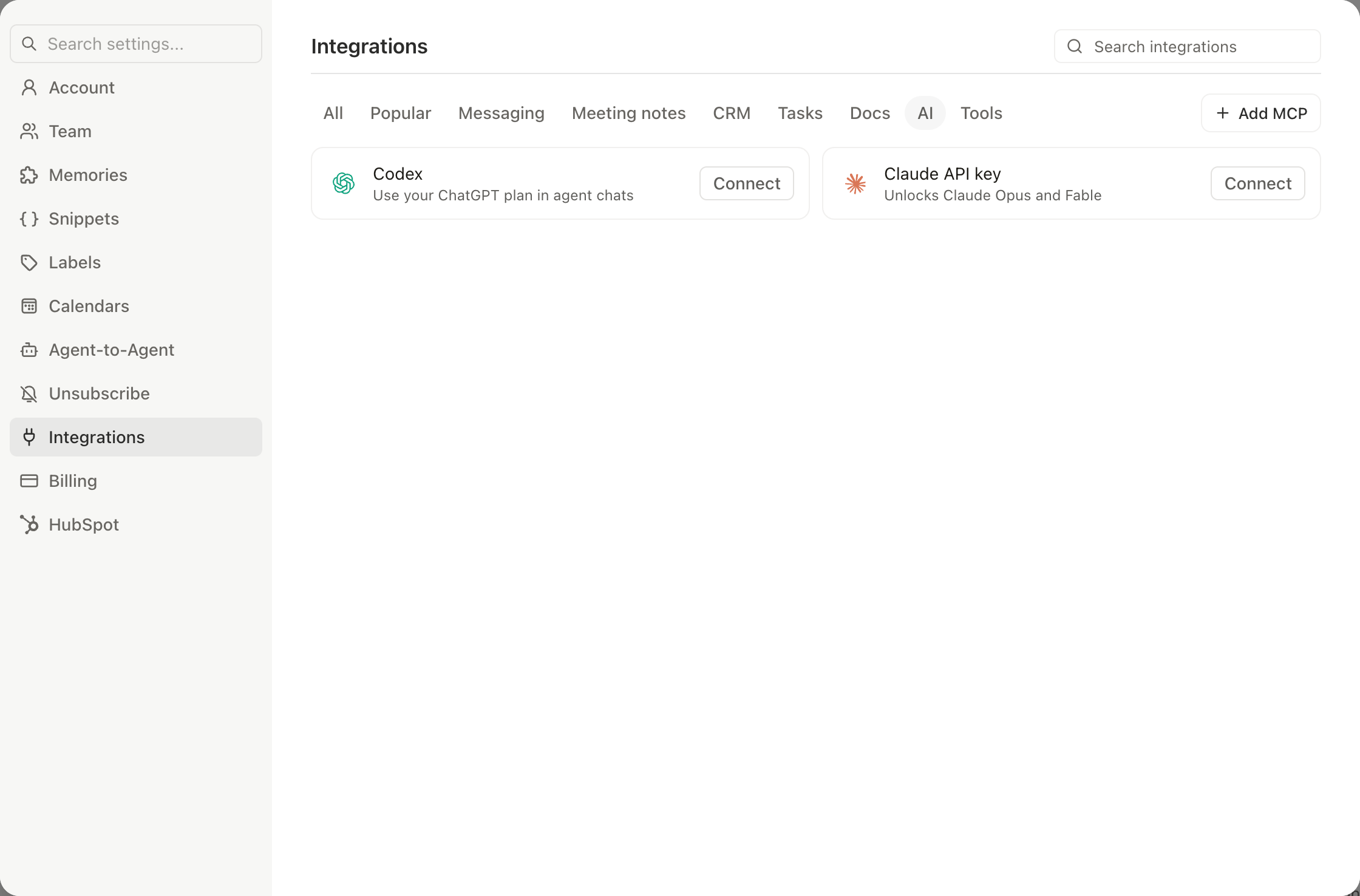 Settings, Integrations filtered to AI, showing the Claude API key card
