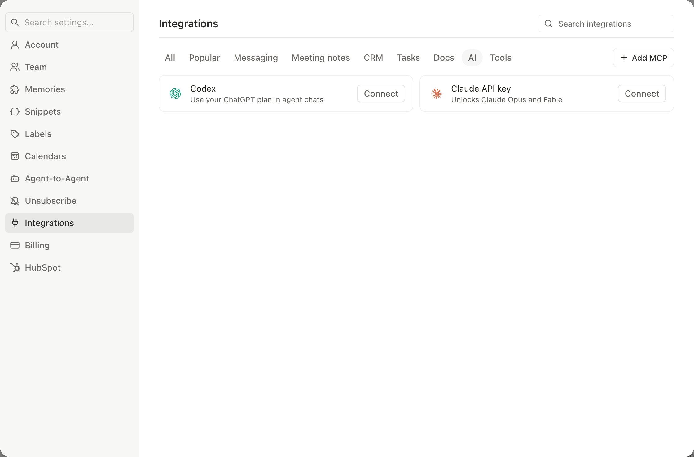 Settings, Integrations filtered to AI, showing the Claude API key card