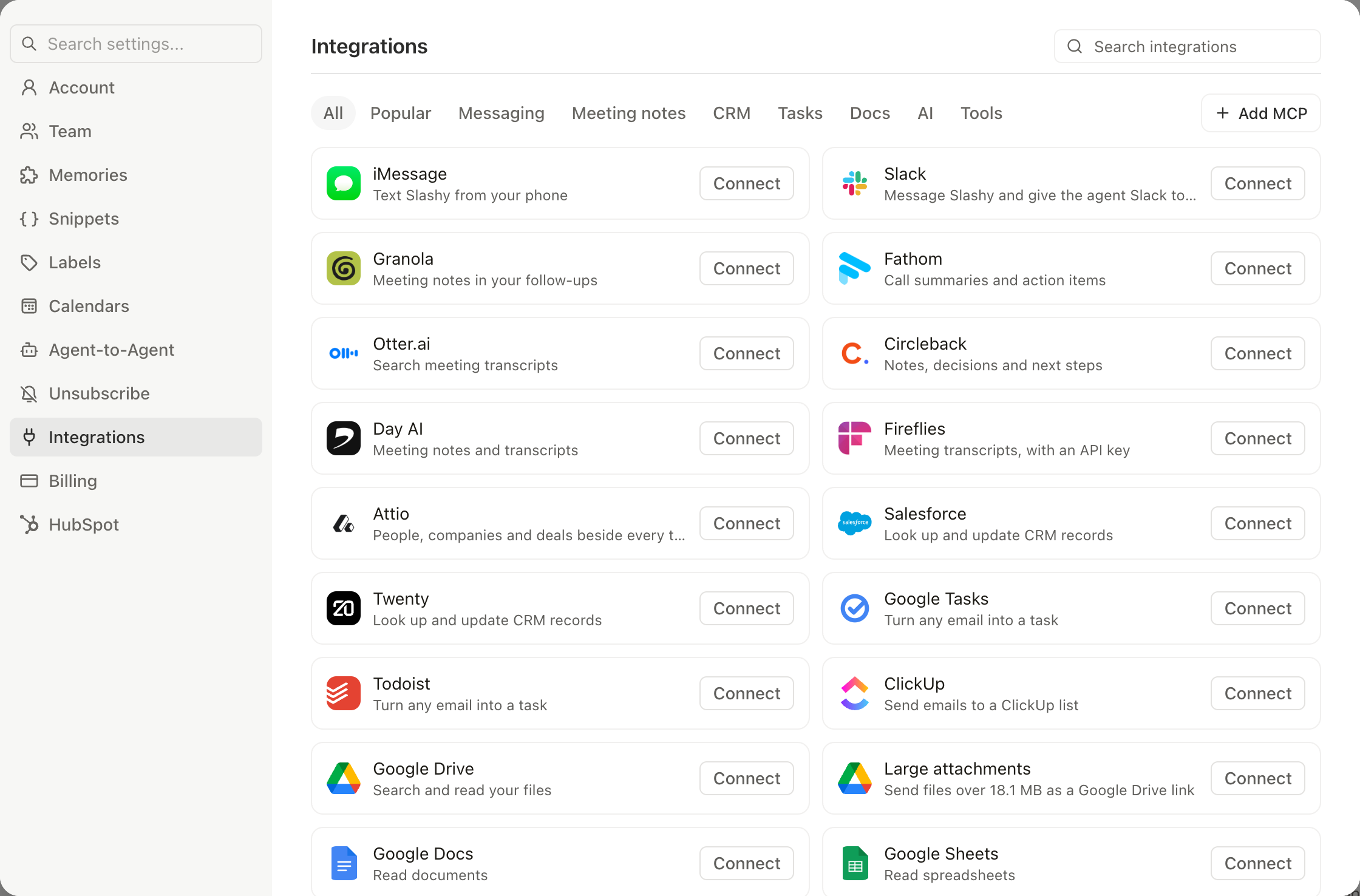 Settings Integrations with the search box, filter chips, and Add MCP button above the grid