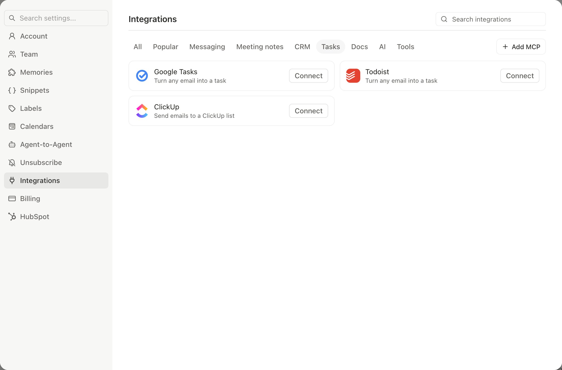 Settings Integrations filtered to Tasks, with the Google Tasks, Todoist, and ClickUp cards