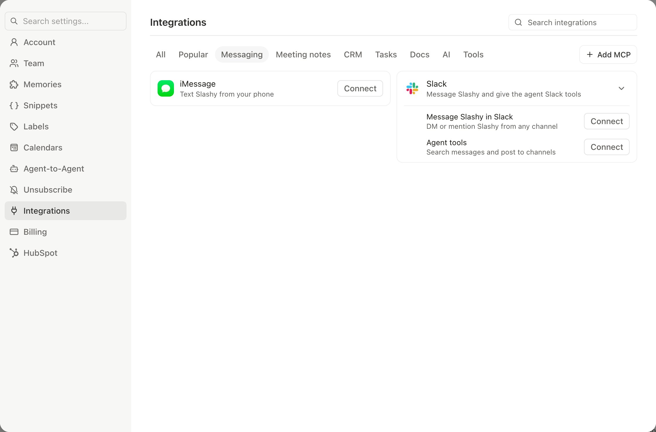 The Slack card open in Settings Integrations, with Connect next to Message Slashy in Slack