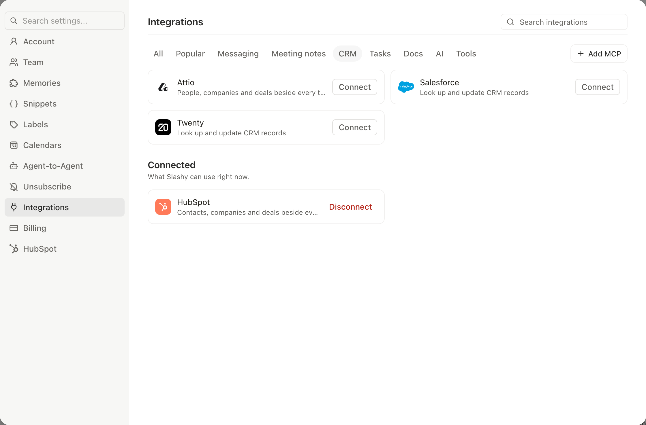 Settings, Integrations filtered to CRM, with Twenty next to HubSpot, Attio, and Salesforce