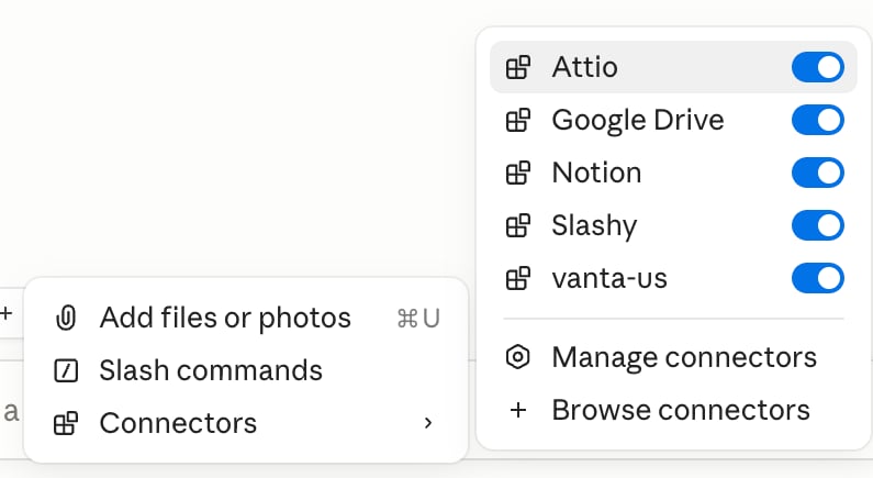 The + → Connectors menu in a Claude Code cloud session, with Slashy toggled on alongside other connectors
