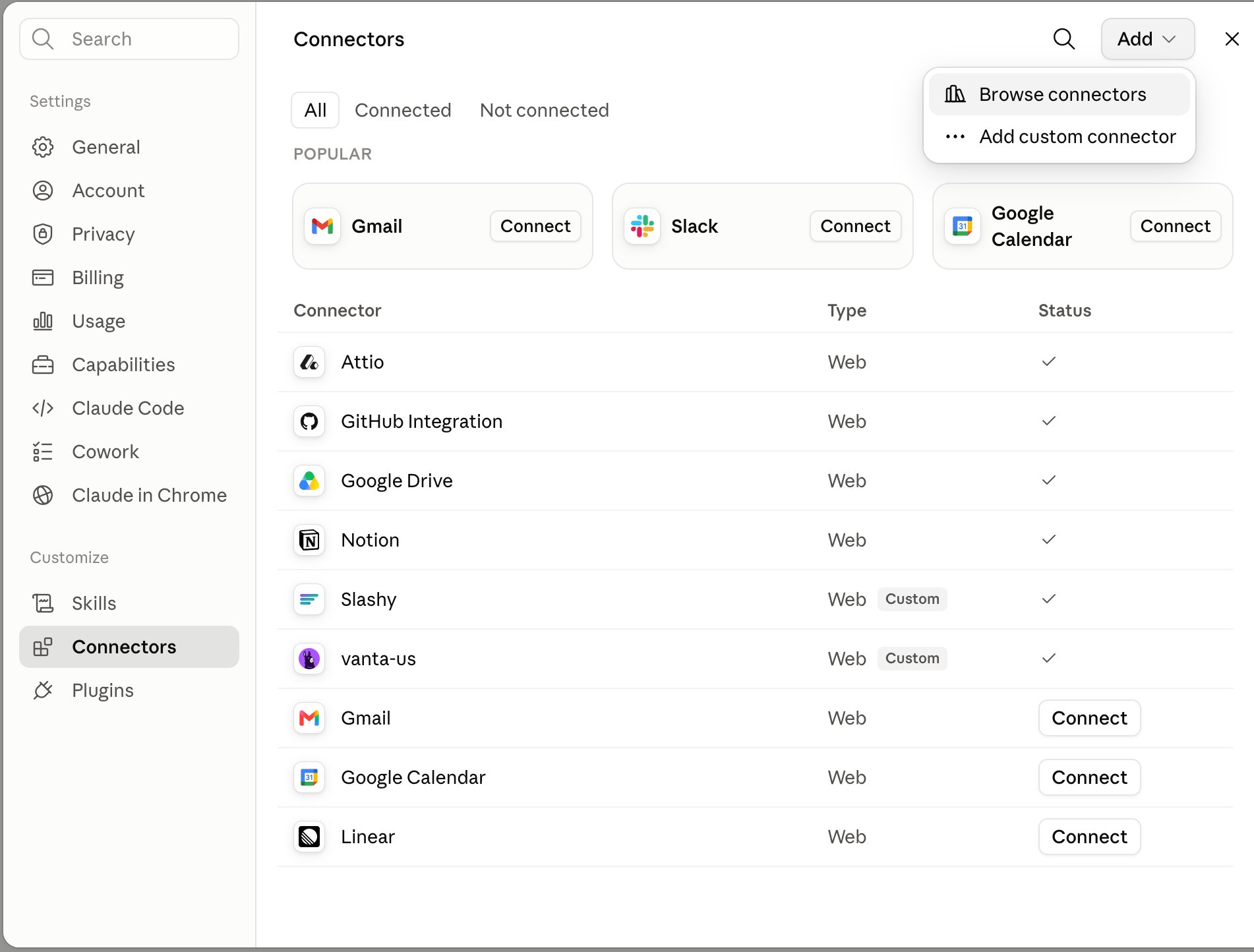 The Add dropdown on claude.ai Connectors, with Browse connectors and Add custom connector options