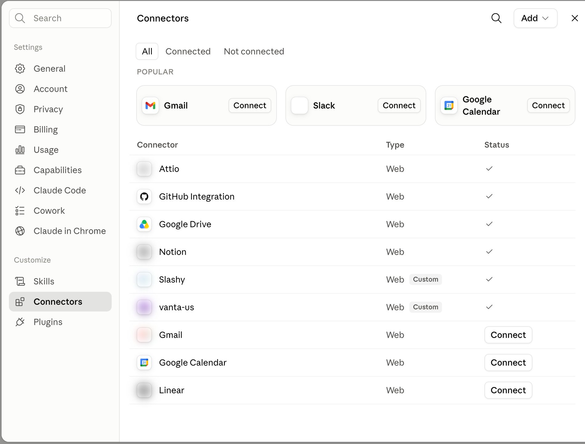 claude.ai Connectors page under Settings → Customize → Connectors, showing a connected Slashy custom connector
