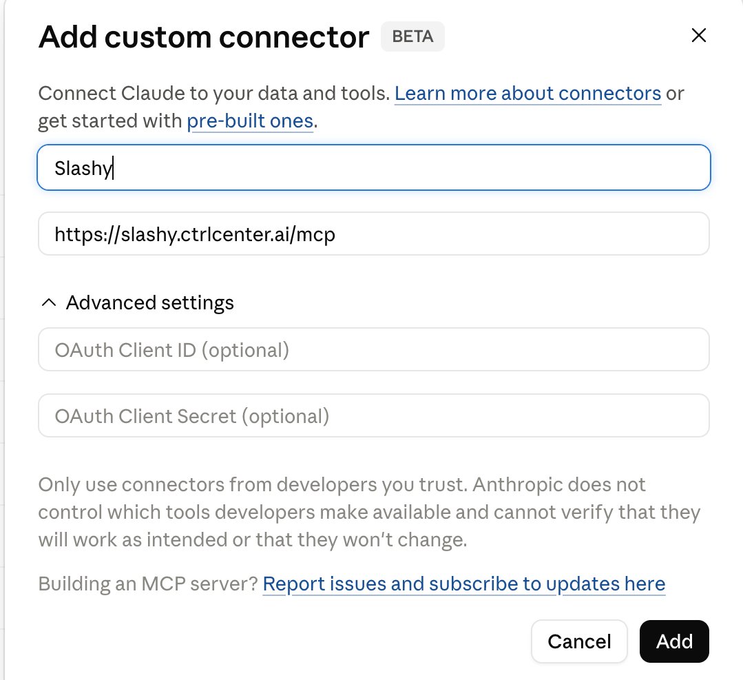 claude.ai Add custom connector dialog filled in with the Slashy name and MCP server URL