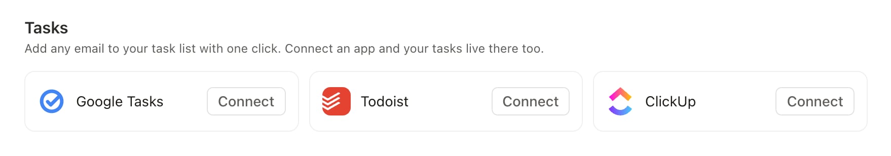 The Tasks section of Settings Integrations with the Google Tasks, Todoist, and ClickUp cards