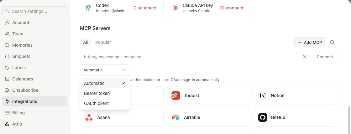 Add MCP dialog with a custom server URL field and the Automatic, Bearer token, and OAuth client auth options