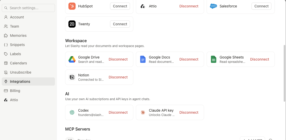 Settings, Integrations showing Codex connected under the AI section, alongside the Claude API key option
