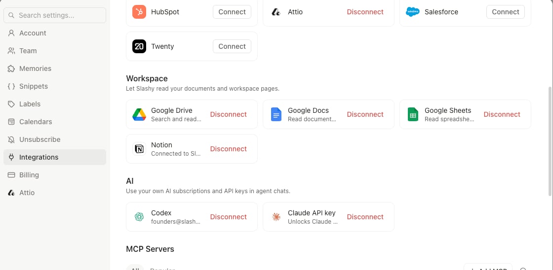 Settings, Integrations showing Codex connected under the AI section, alongside the Claude API key option