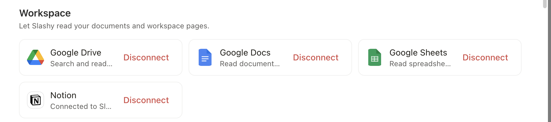 Settings, Integrations, Workspace section showing Google Drive, Google Docs, and Google Sheets connected