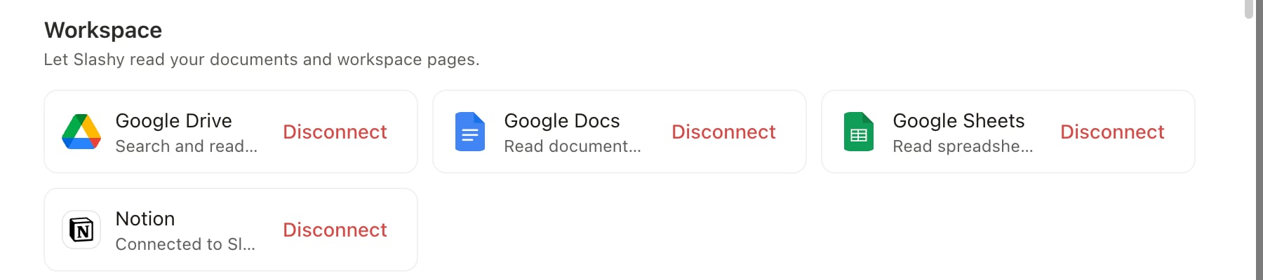 Settings, Integrations, Workspace section showing Google Drive, Google Docs, and Google Sheets connected