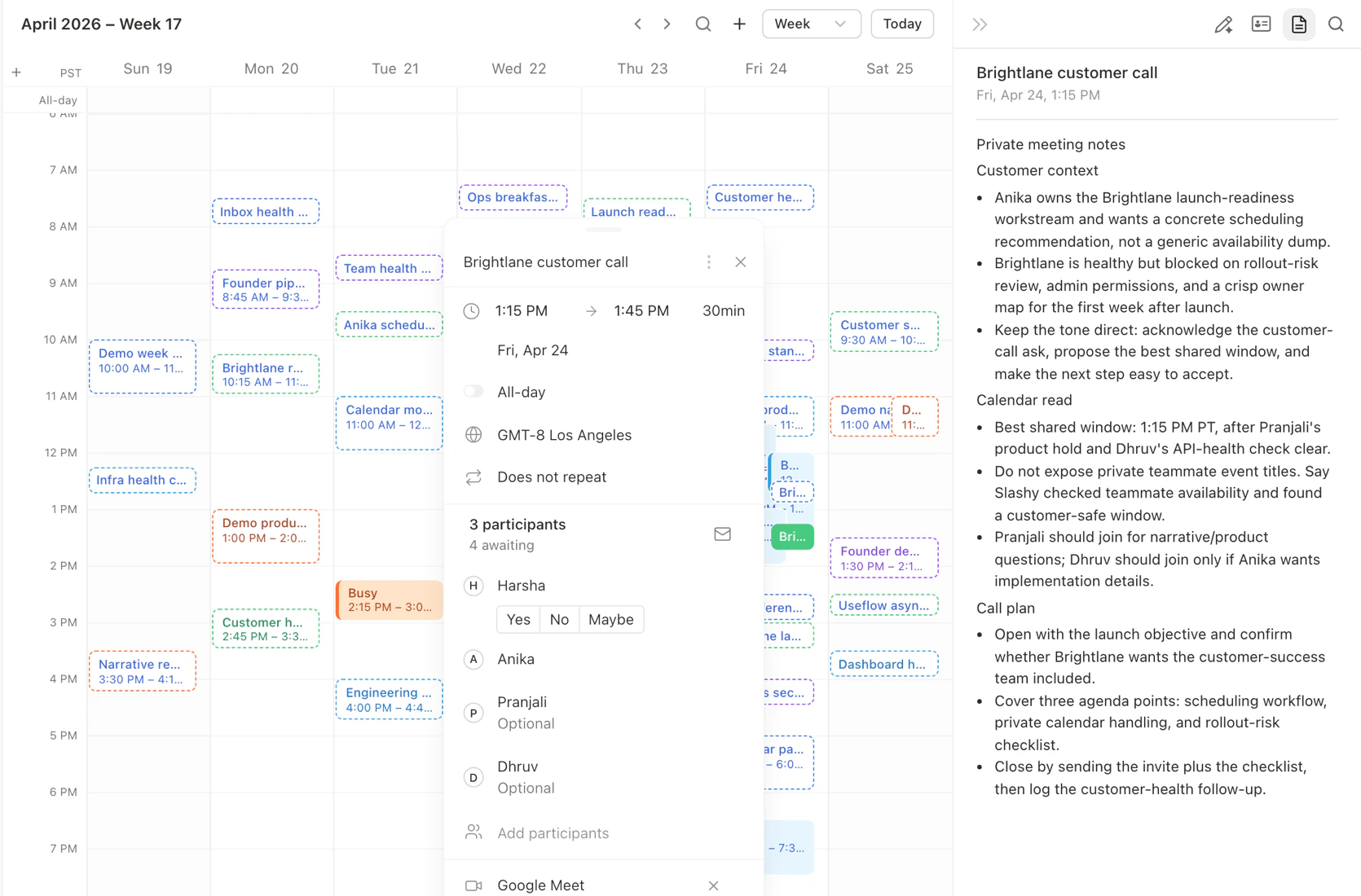 Slashy calendar event detail with the private notes panel open on the right