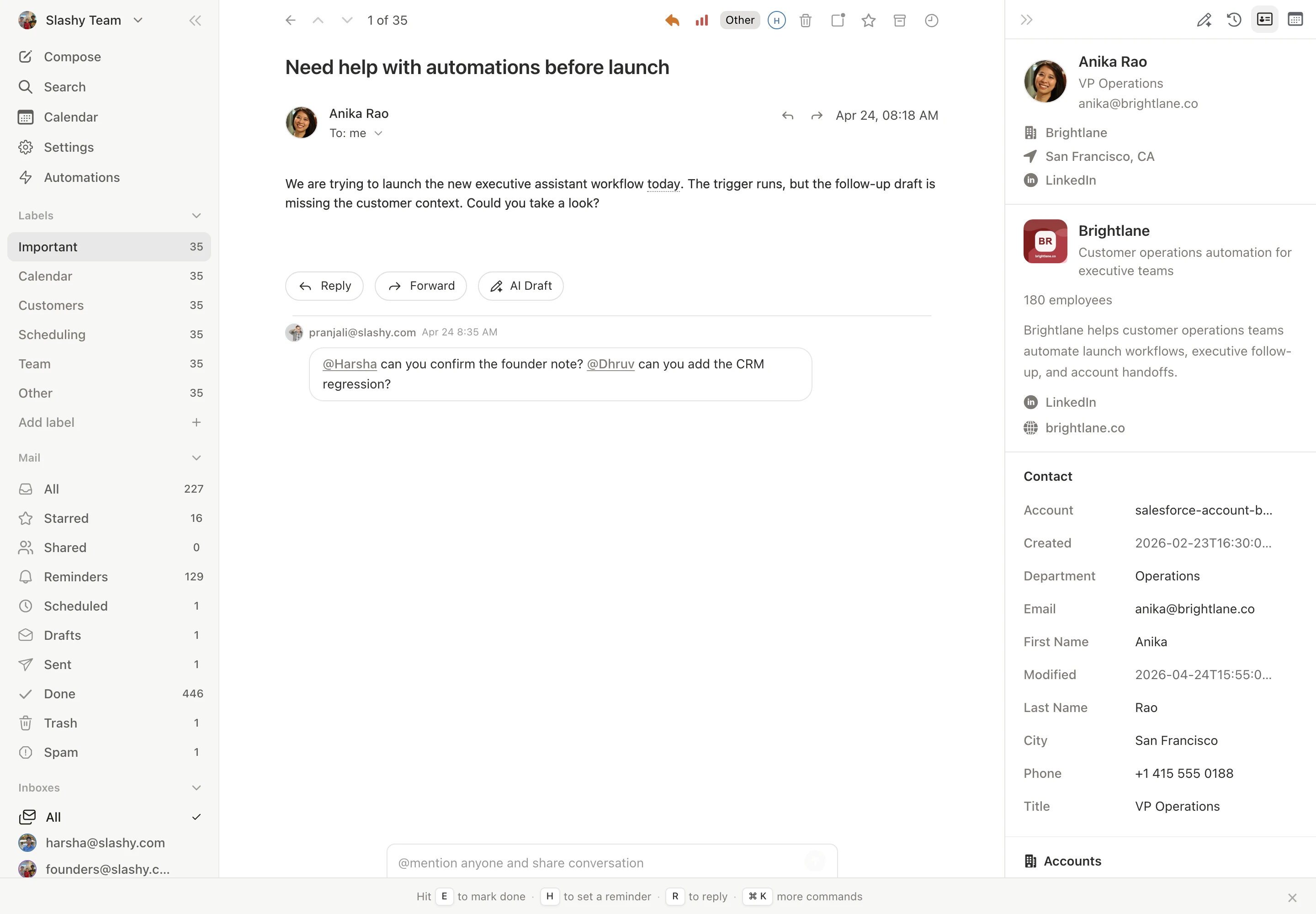 Contact sidebar in Slashy showing a matched Salesforce account, contact, and opportunity