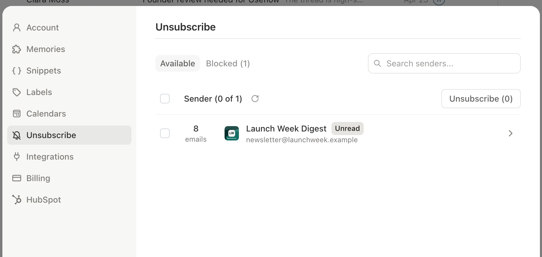 Unsubscribe settings with Available and Blocked tabs, a sender list, and a bulk Unsubscribe action